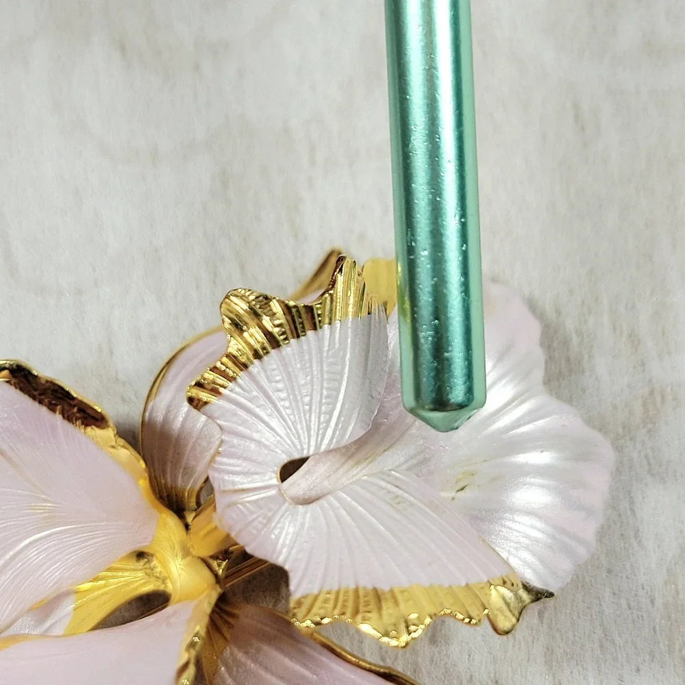 Vintage 1982 Cerrito Signed Pink Orchid Brooch, Pearlized Enamel /Gold Tone